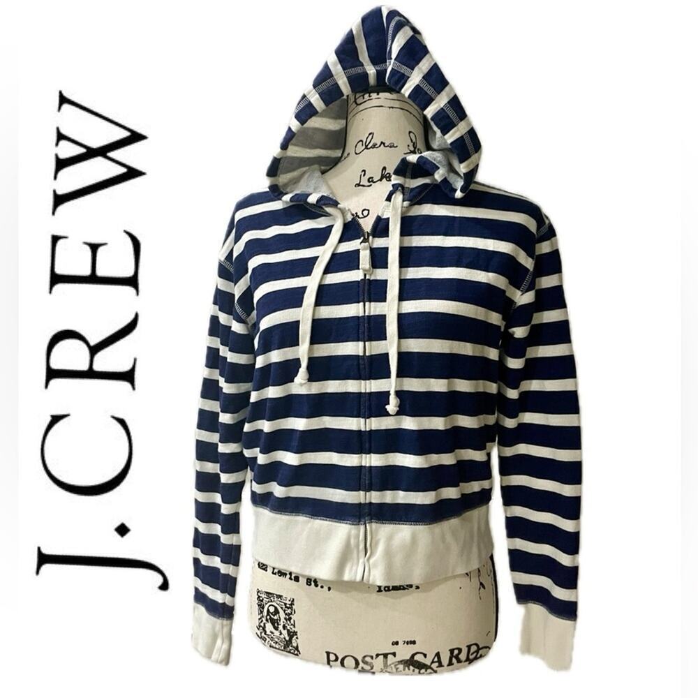 J.CREW HOODIE CROPPED 100% COTTON NAVY/IVORY SZ XS NAUTICAL SAILOR CORE